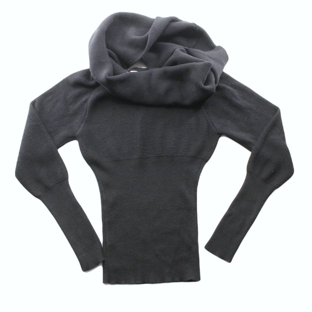 Black Off The Shoulder Sweater Ribbed Knit Adjustable Open Back Long Sleeve SZ S - Picture 11 of 15